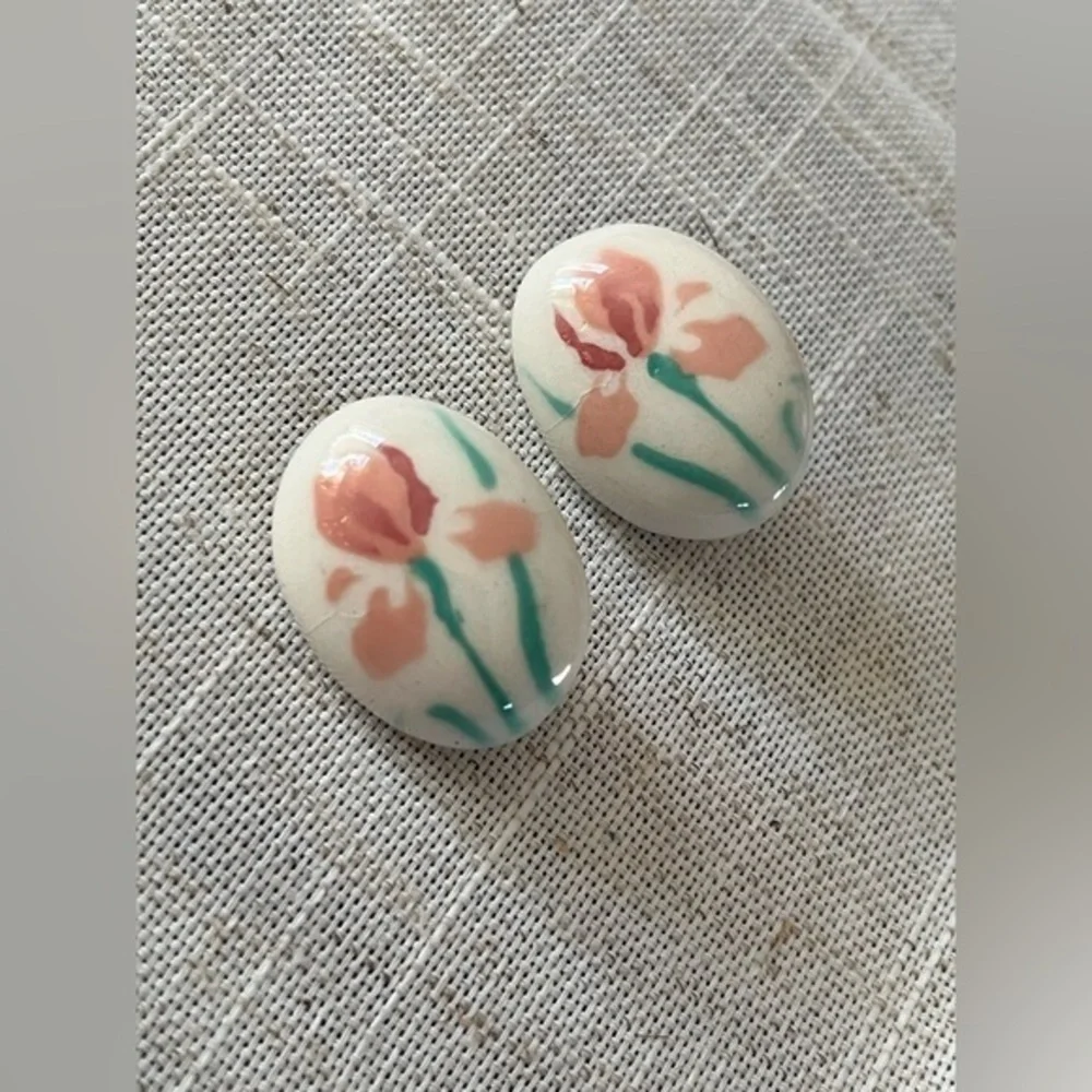 Iris ceramic oval clip on Earrings on Porcelain flower earrings..